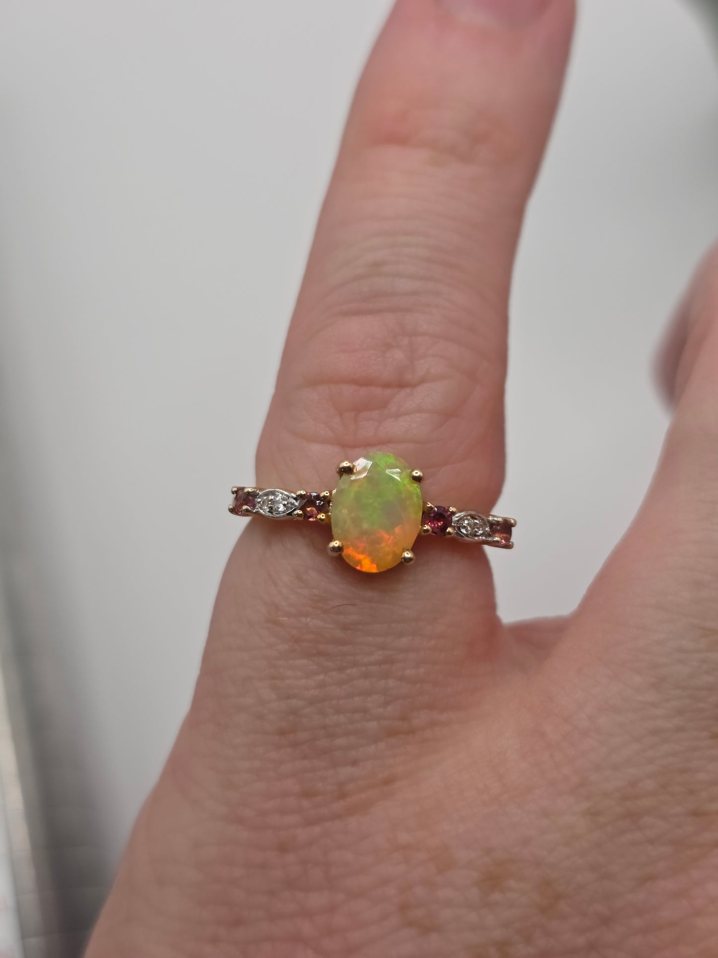 9ct gold opal, ruby and diamond ring