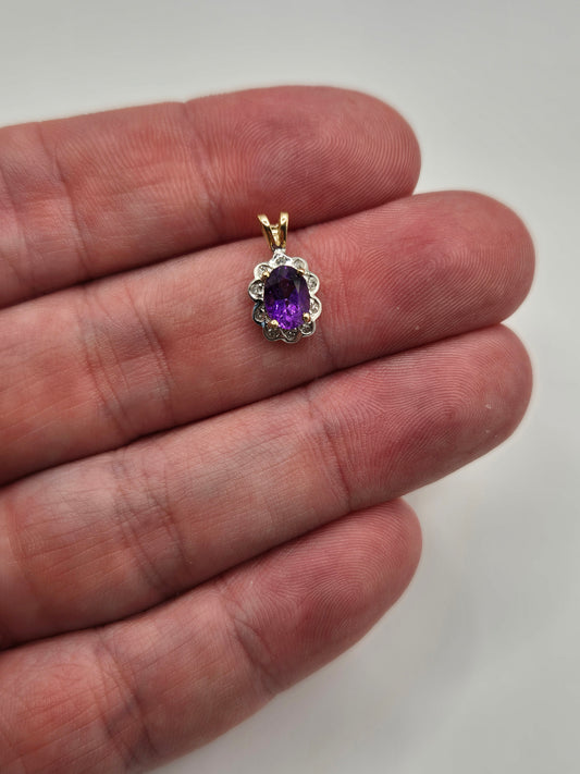 9ct gold amethyst and diamond pendant