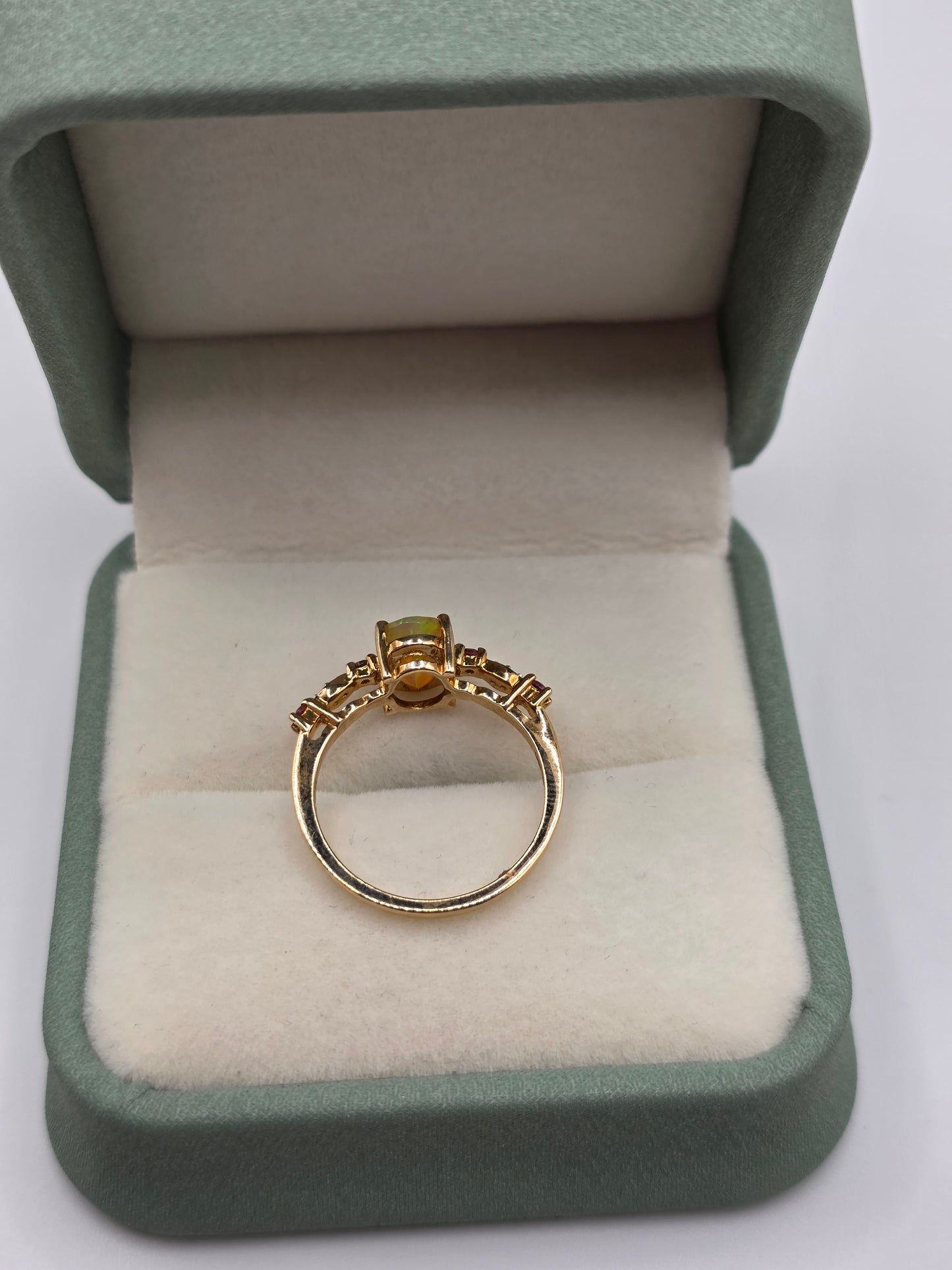 9ct gold opal, ruby and diamond ring