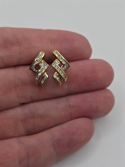 Heavy 9ct gold ruby and diamond earrings