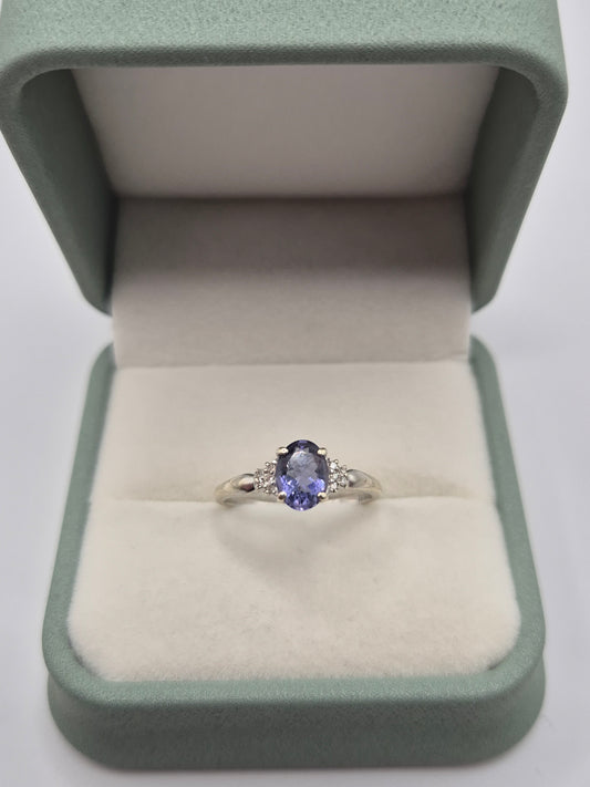 9ct white gold iolite and diamond ring