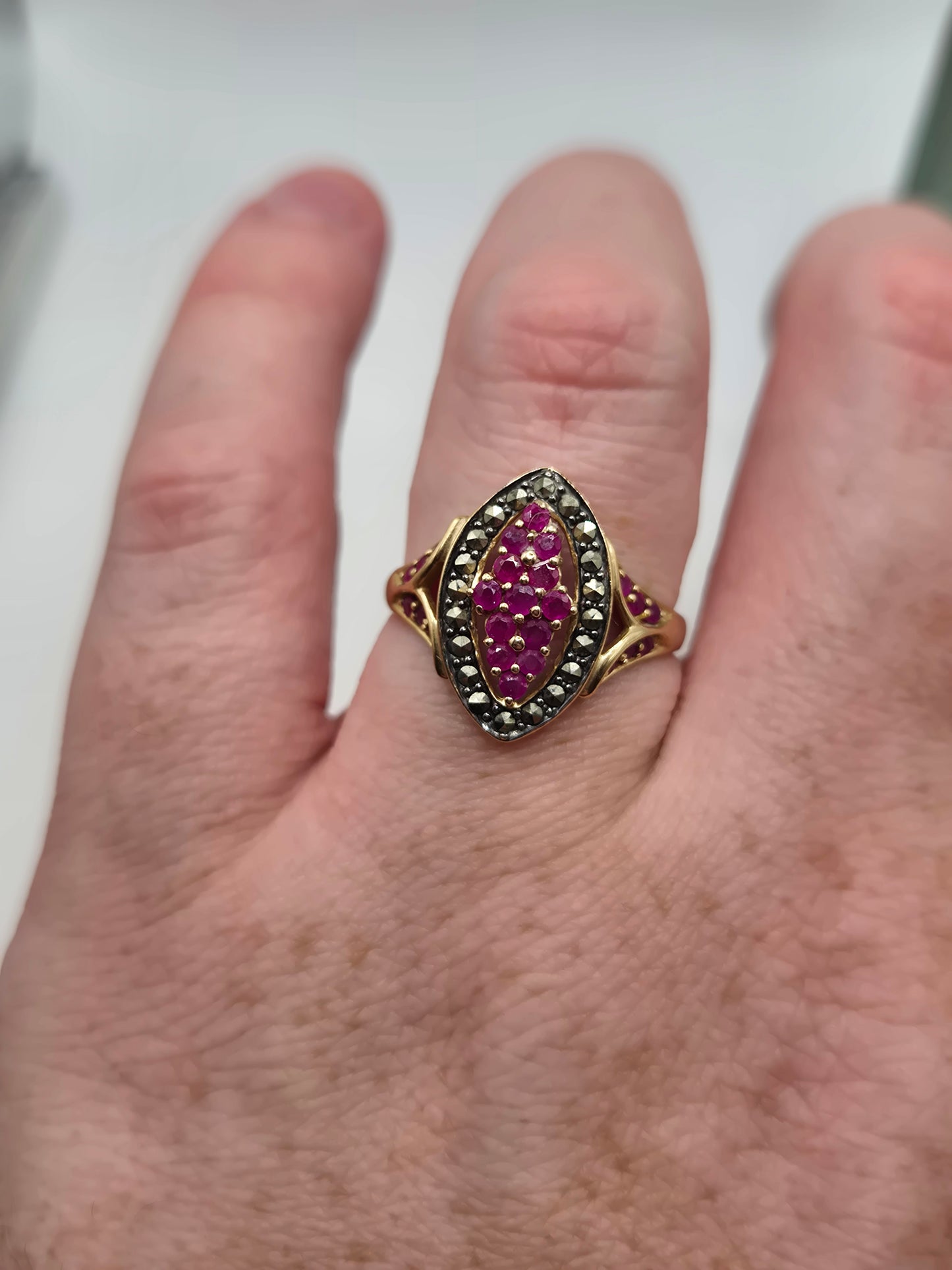 9ct gold ruby and marcasite ring