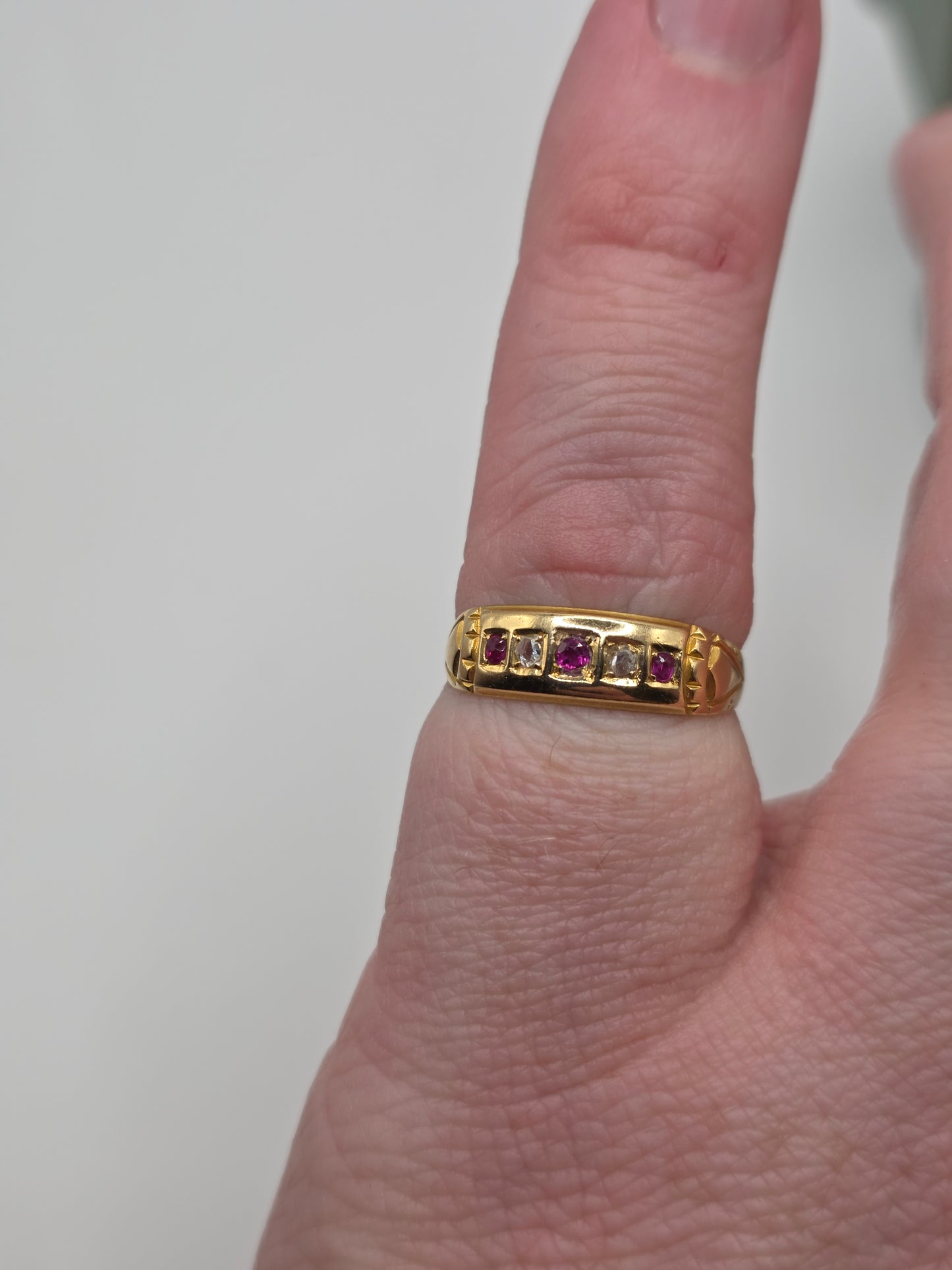 Victorian 1896 18ct gold ruby and diamond gypsy ring