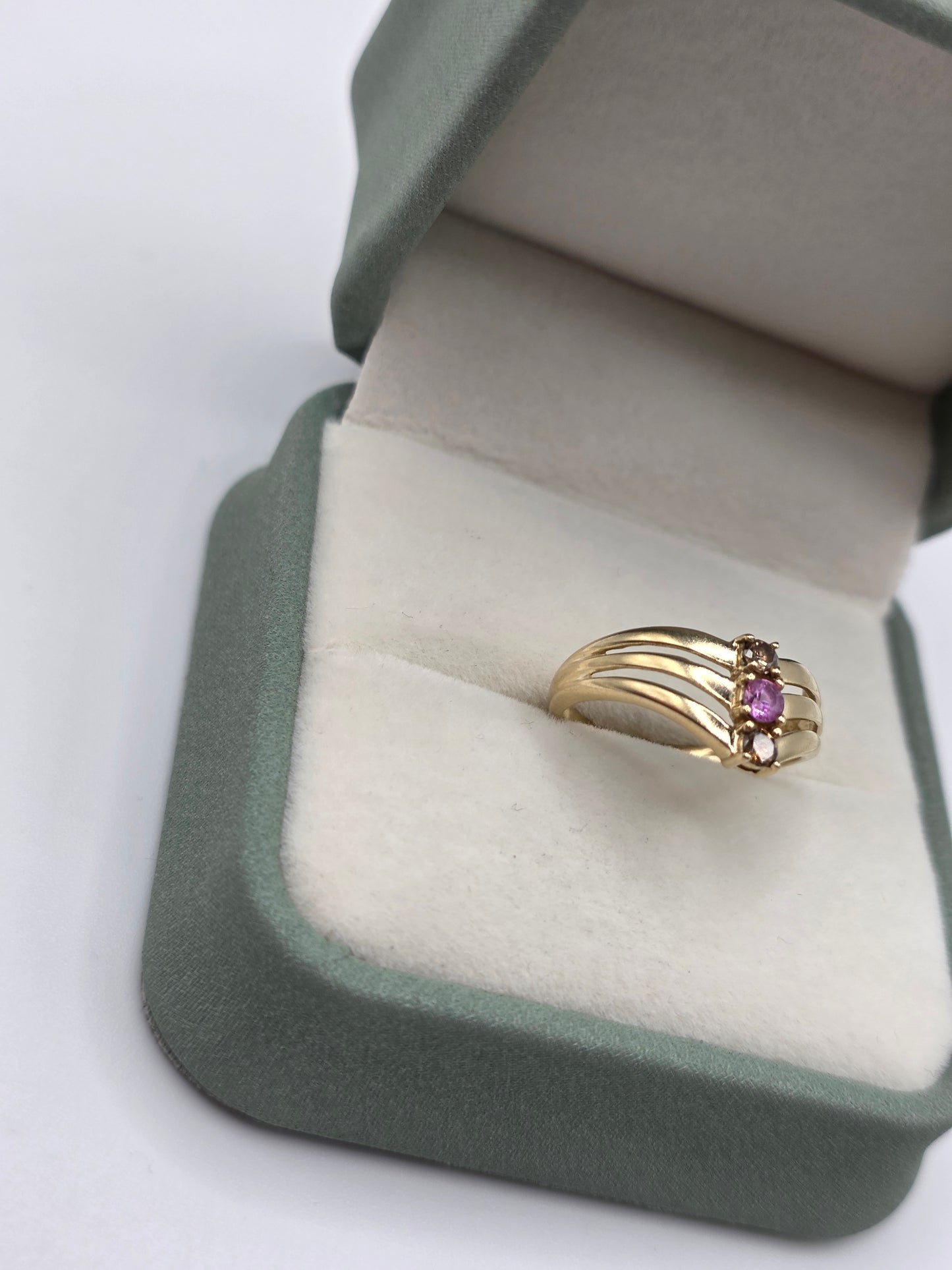 9ct gold pink topaz and cognac diamond wishbone ring