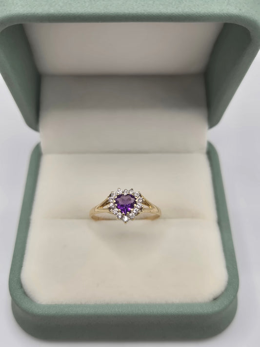 9ct gold amethyst and cz heart ring