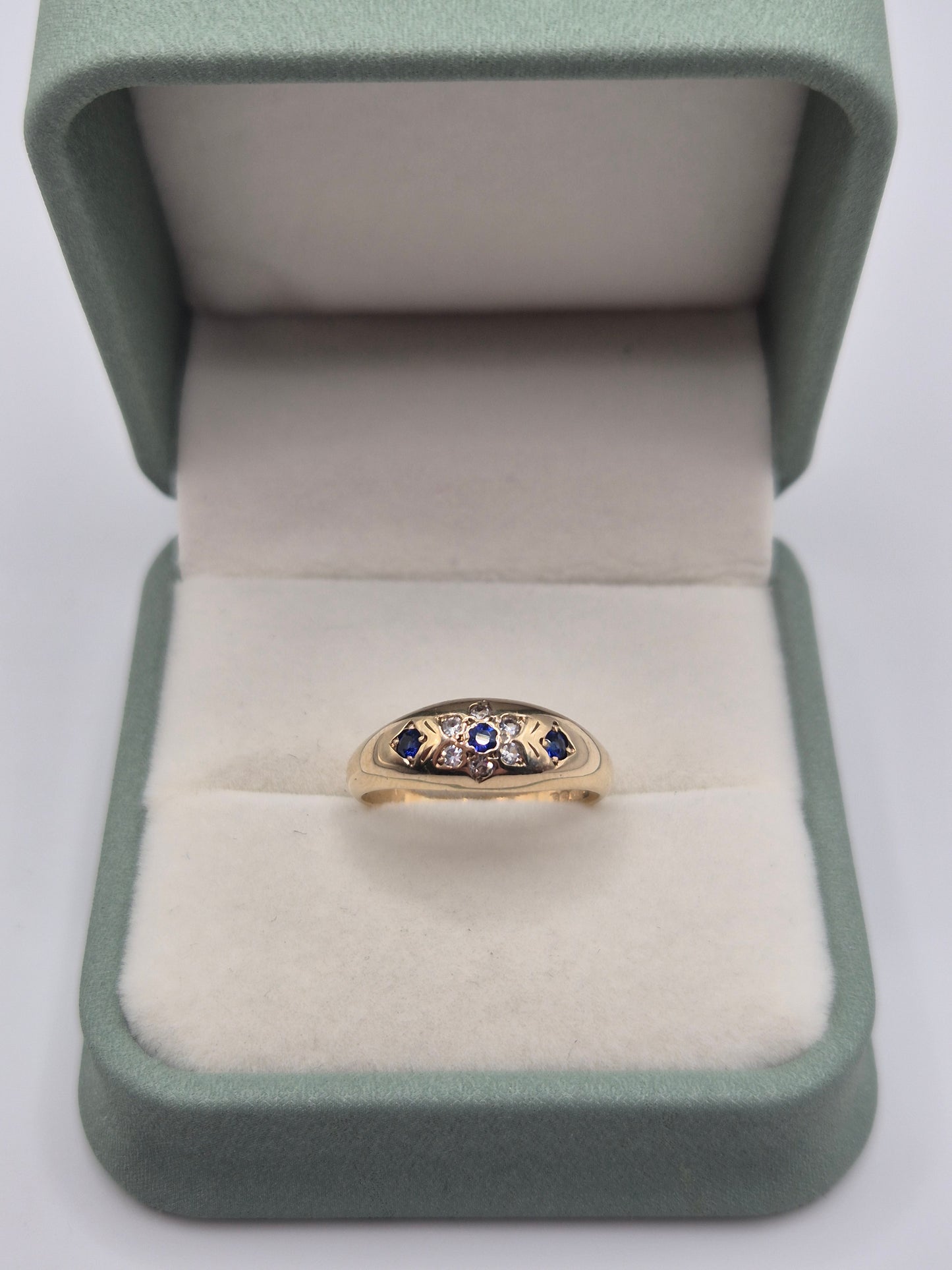 9ct gold synthetic sapphire and diamond gypsy ring