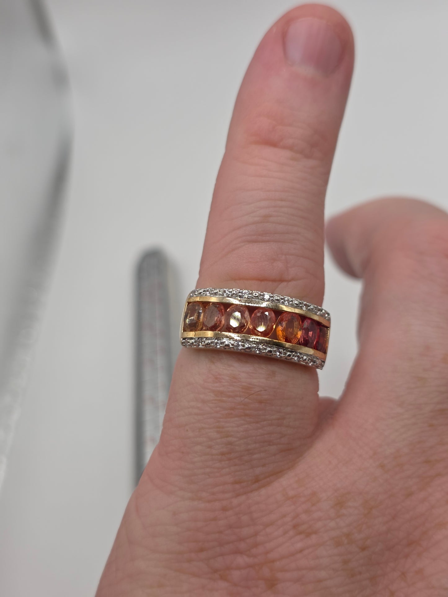 9ct gold orange sapphire and white topaz ring