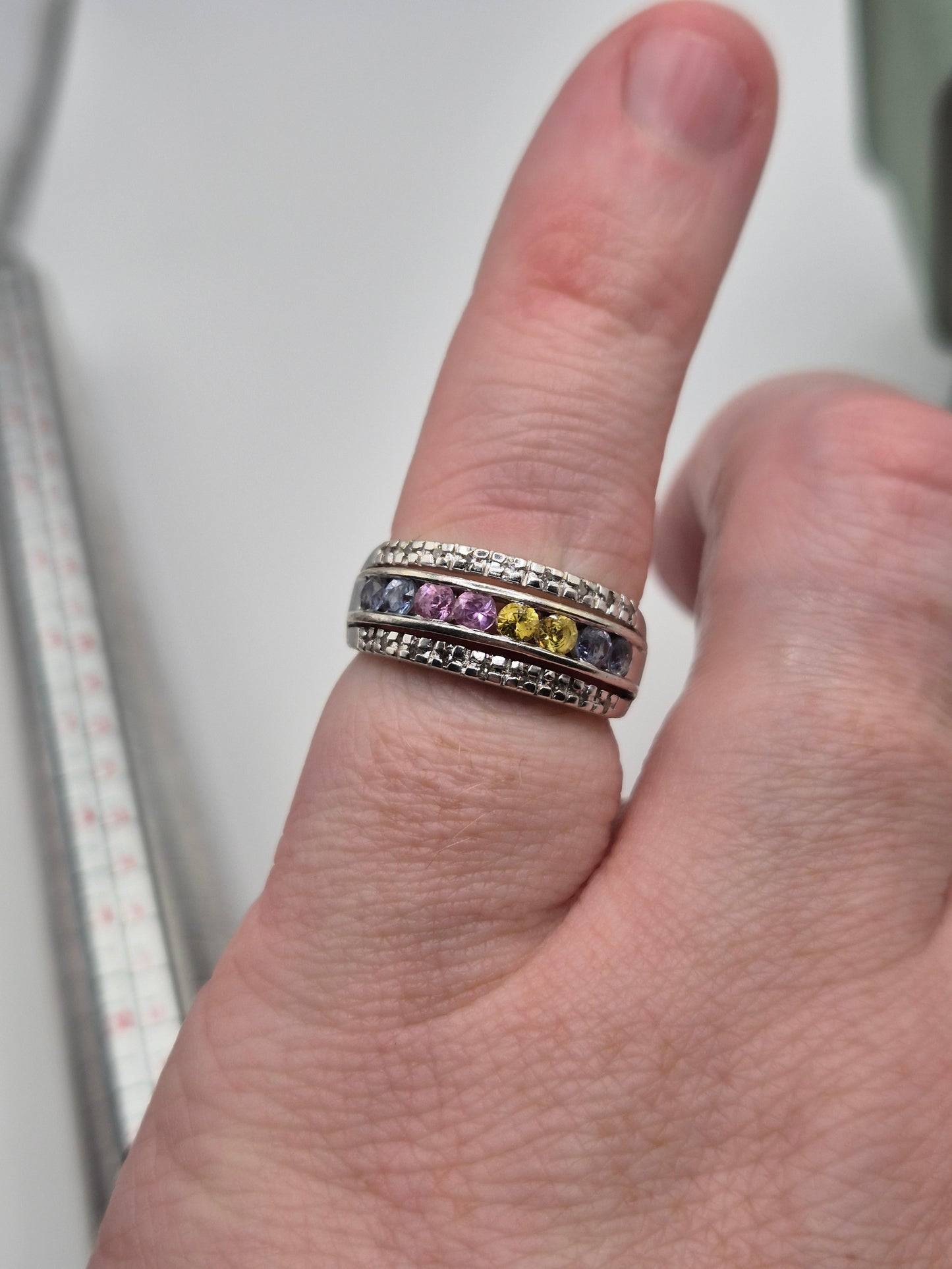 Heavy 9ct white gold sapphire and diamond ring