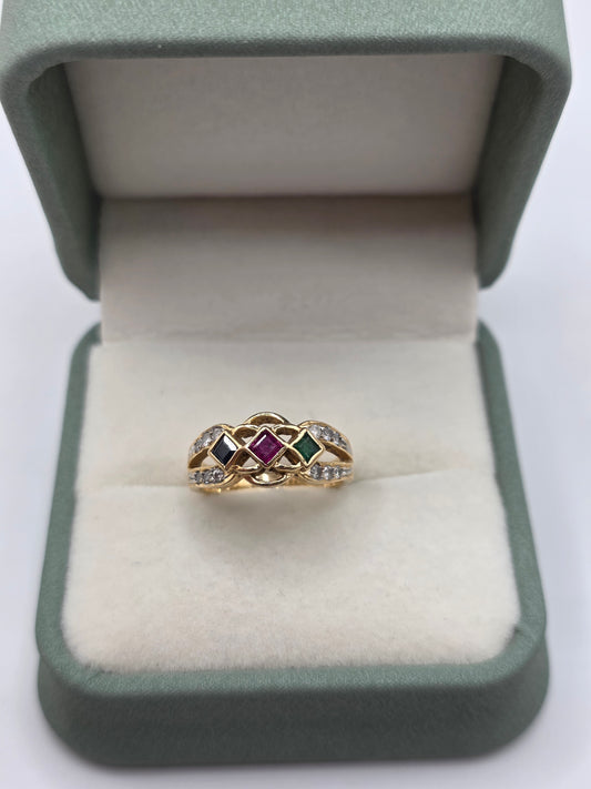 Heavy 14ct gold emerald, sapphire, ruby and diamond ring
