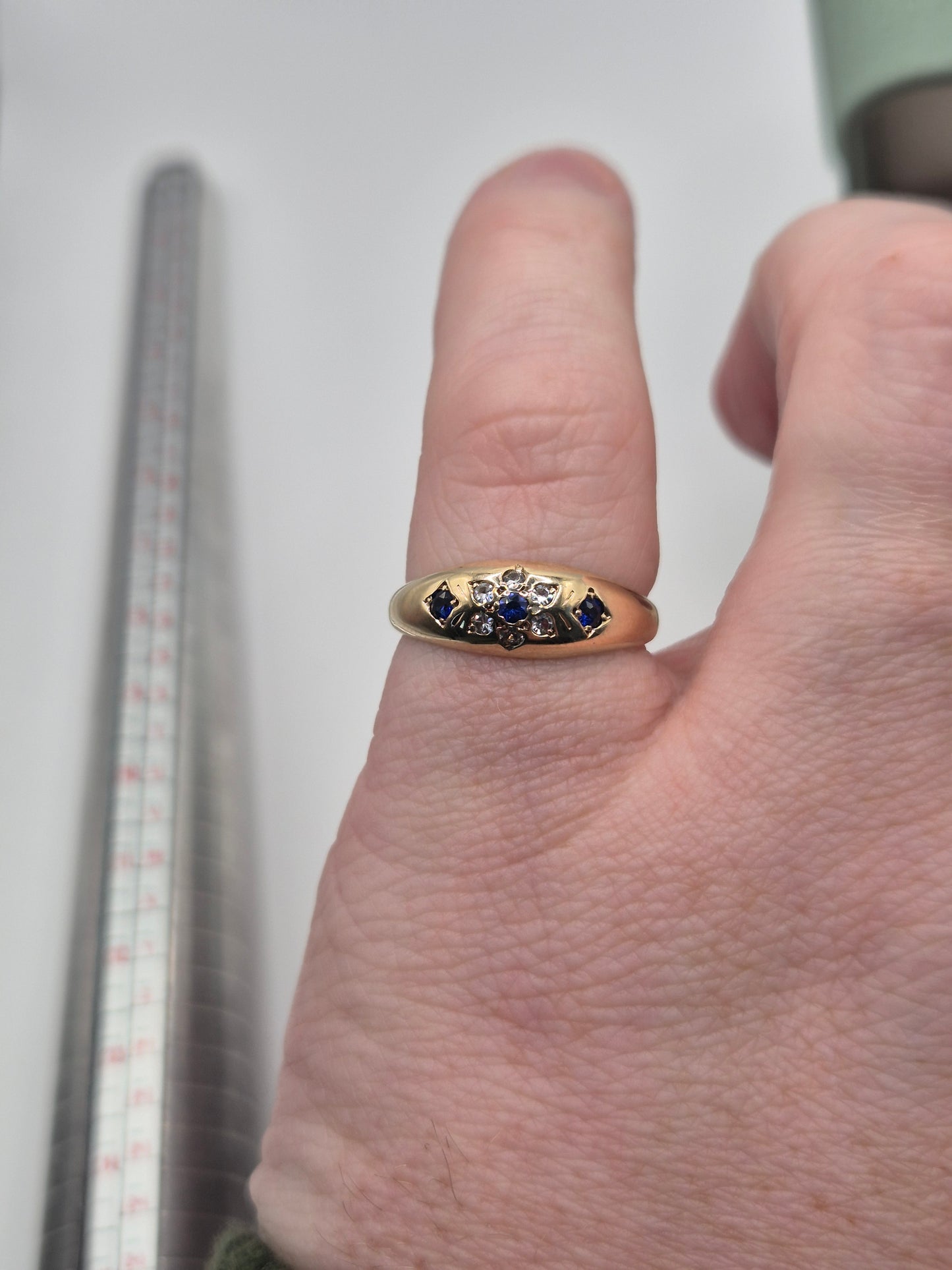 9ct gold synthetic sapphire and diamond gypsy ring