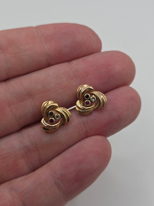 9ct gold garnet, sapphire and topaz earrings