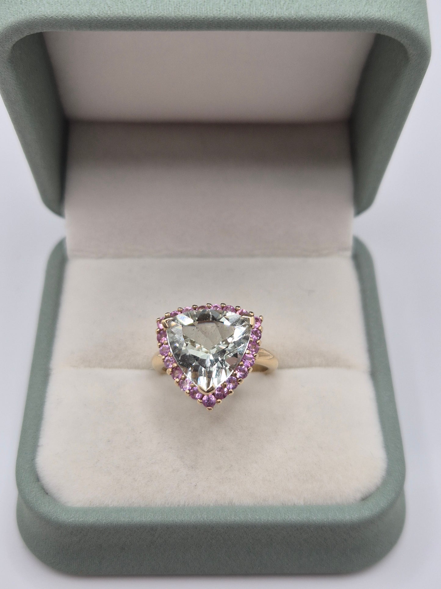Heavy 9ct gold prasiolite and pink sapphire ring