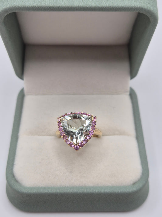 Heavy 9ct gold prasiolite and pink sapphire ring