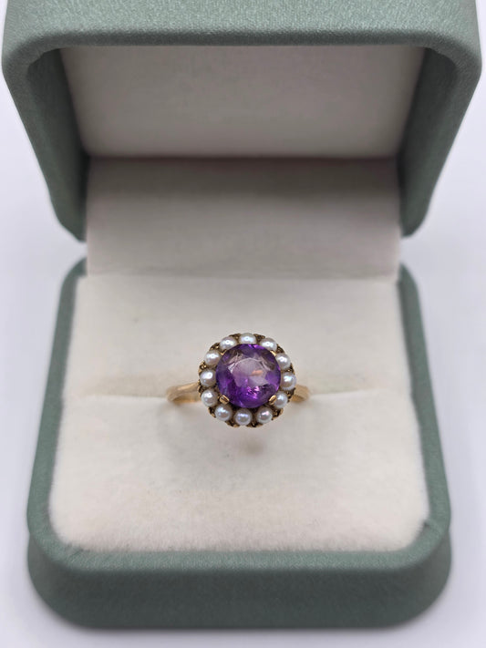 Vintage 9ct gold amethyst and pearl ring