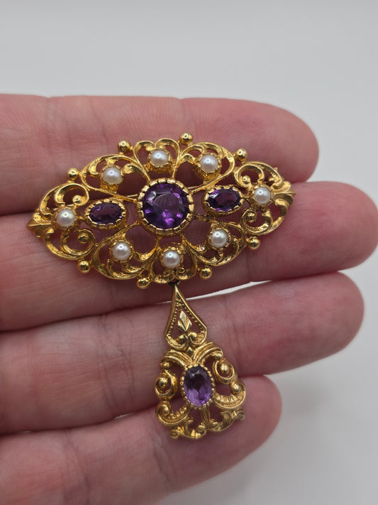 9ct gold amethyst and pearl brooch