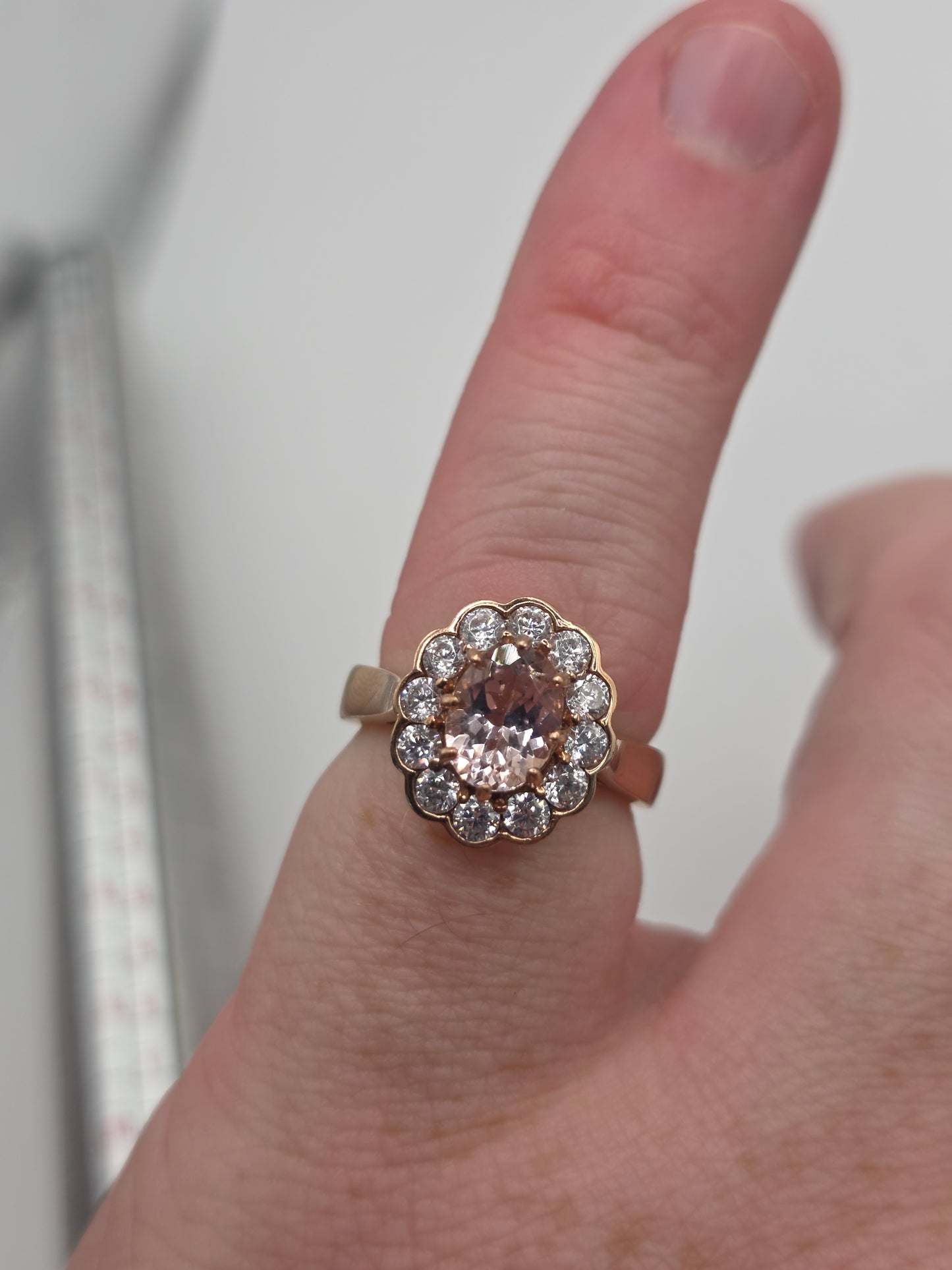 Heavy 9ct rose gold morganite and cz ring