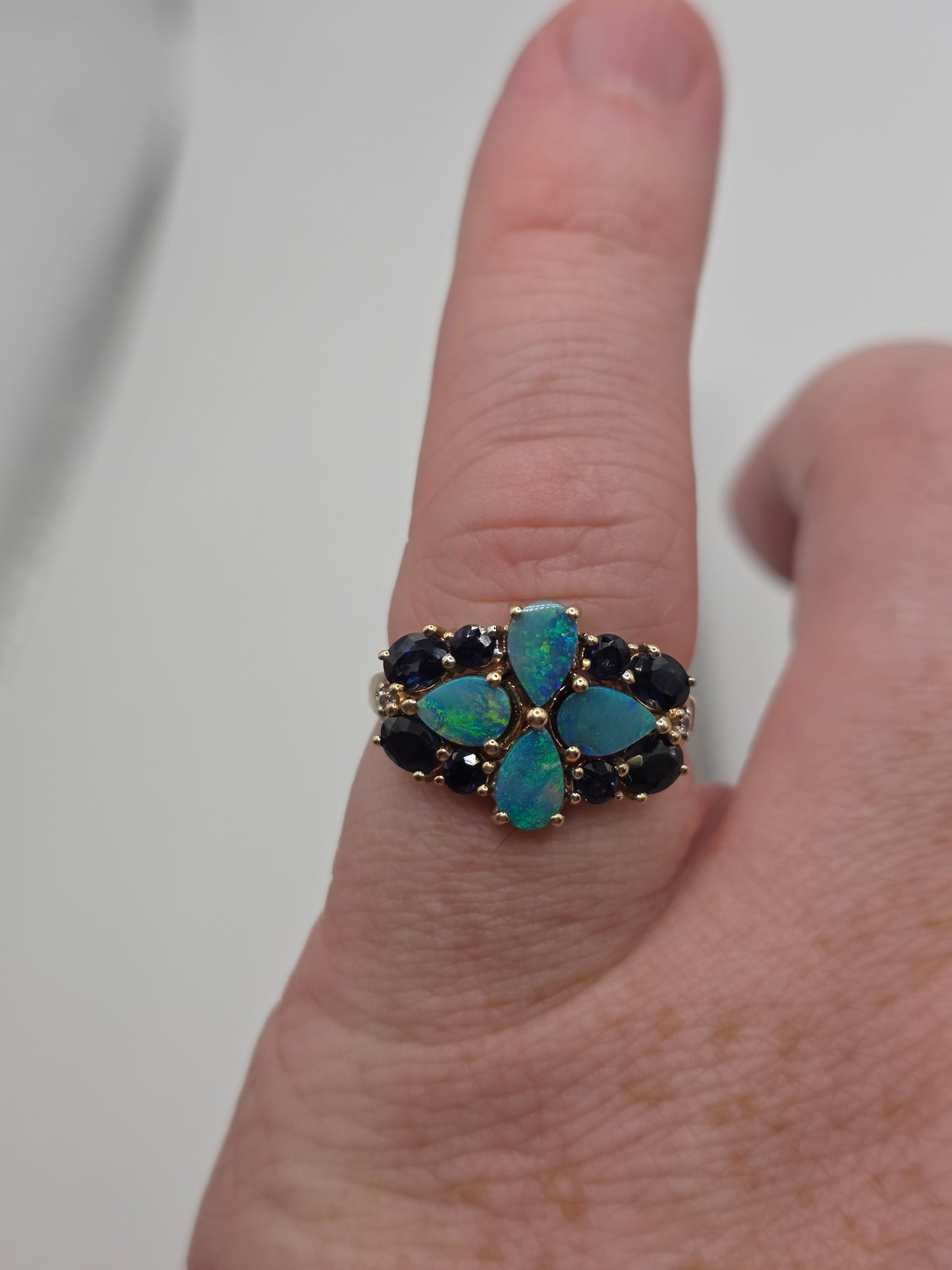 9ct gold opal doublet and sapphire ring