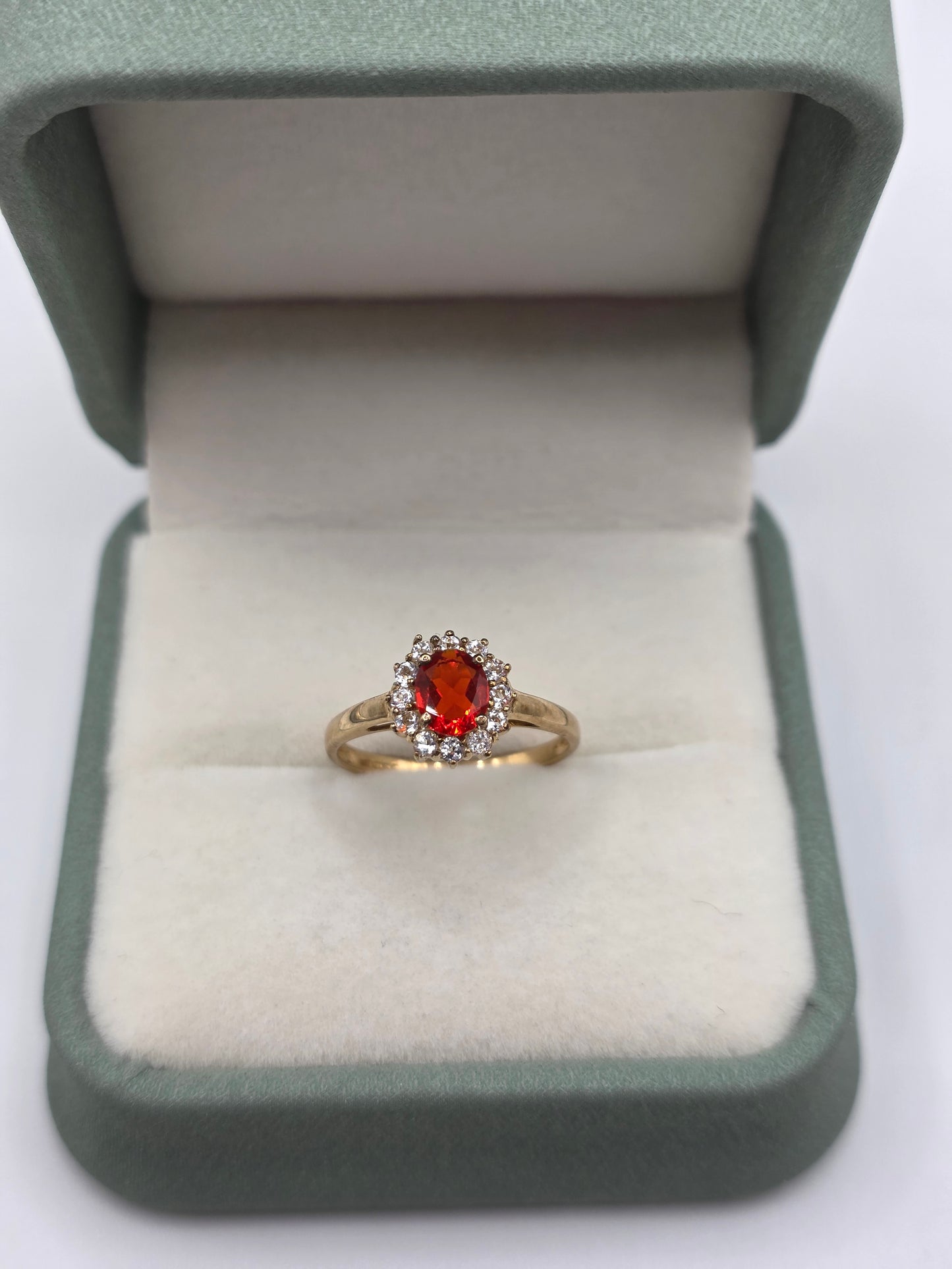 9ct gold fire opal and spinel ring