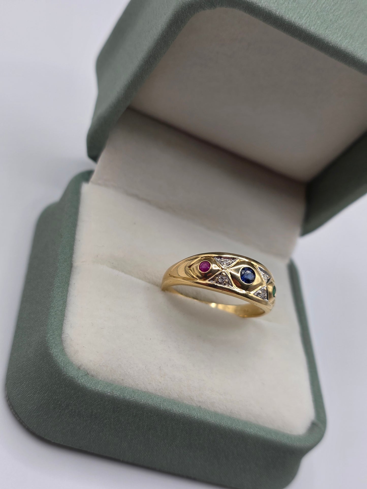 18ct gold sapphire, ruby, emerald and diamond ring