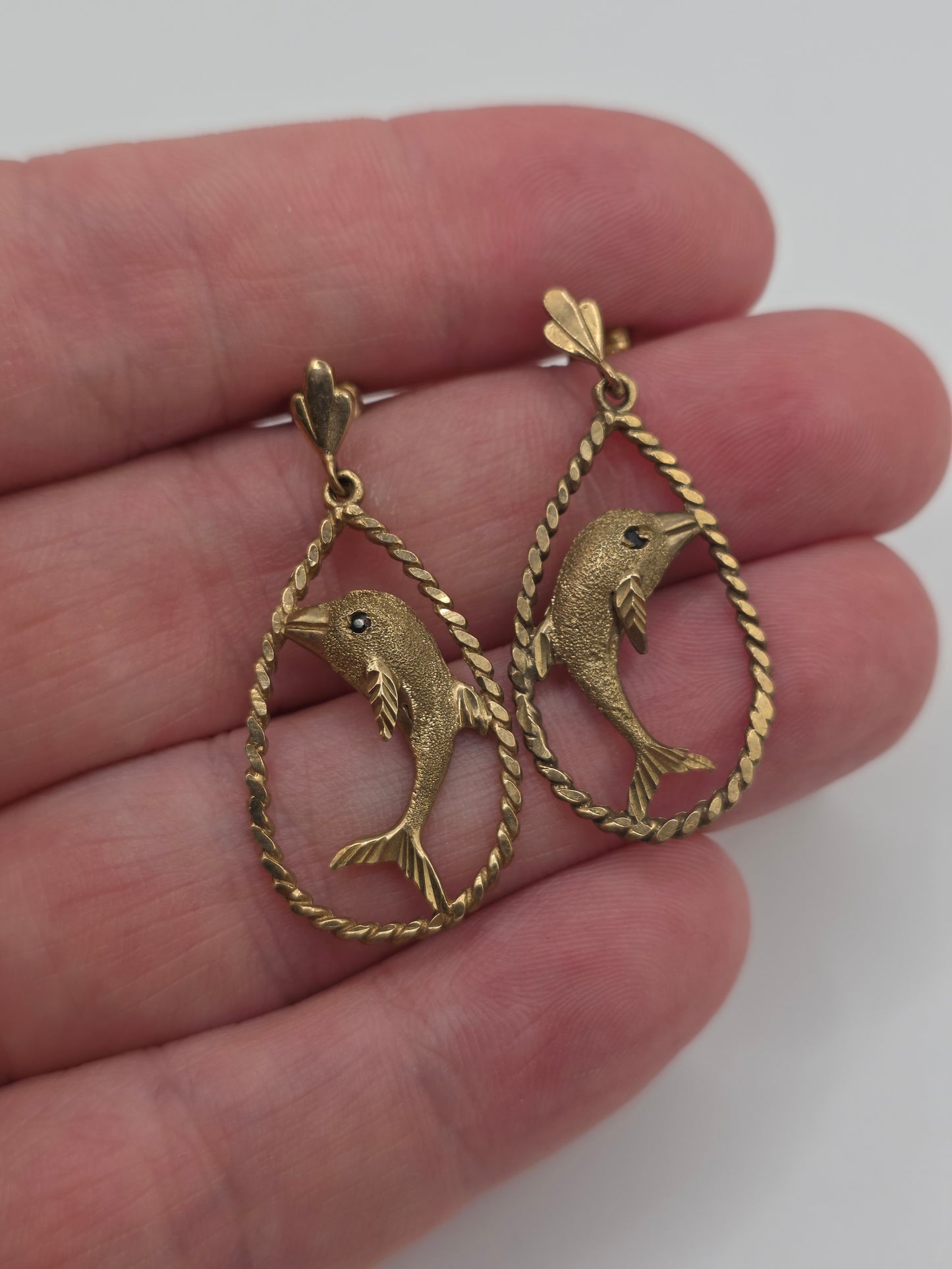 Heavy 9ct gold sapphire dolphin earrings