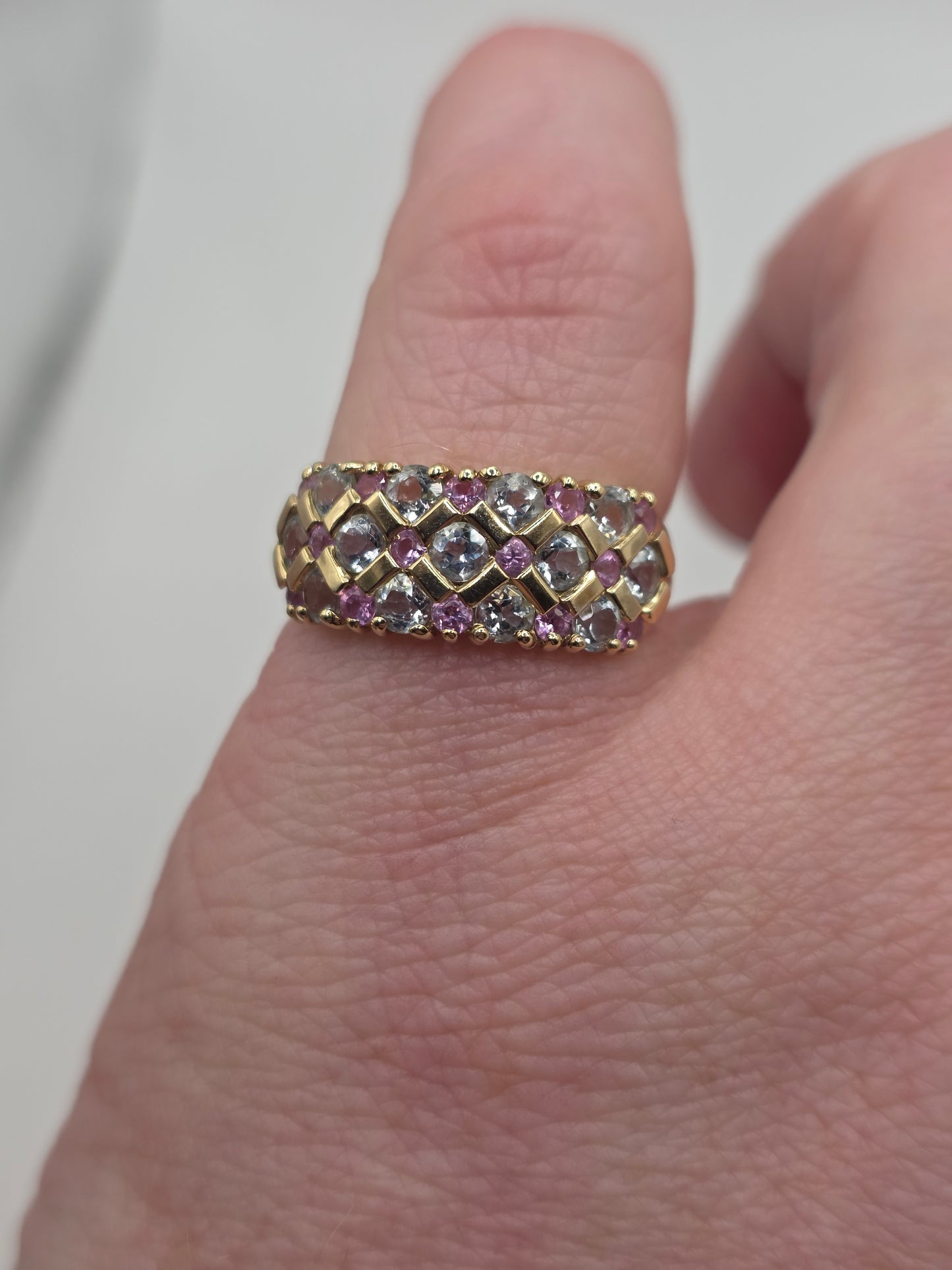 9ct gold aquamarine and pink topaz ring