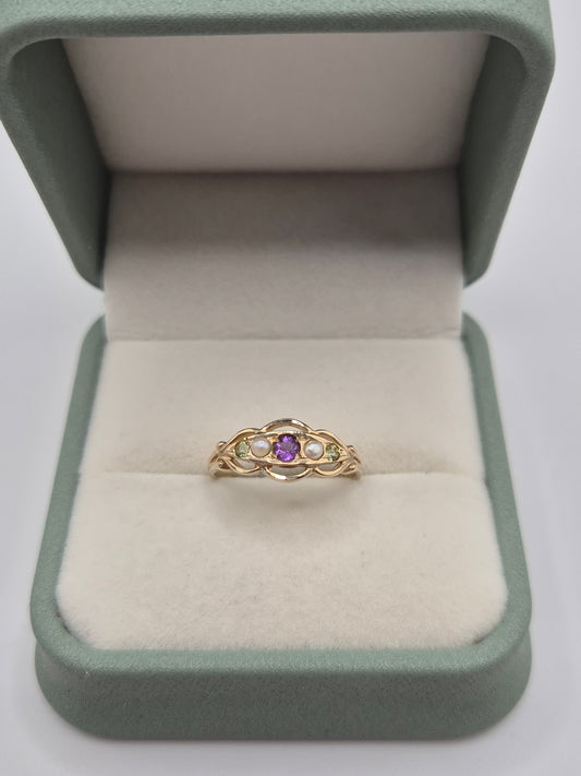 9ct gold amethyst, pearl and peridot ring