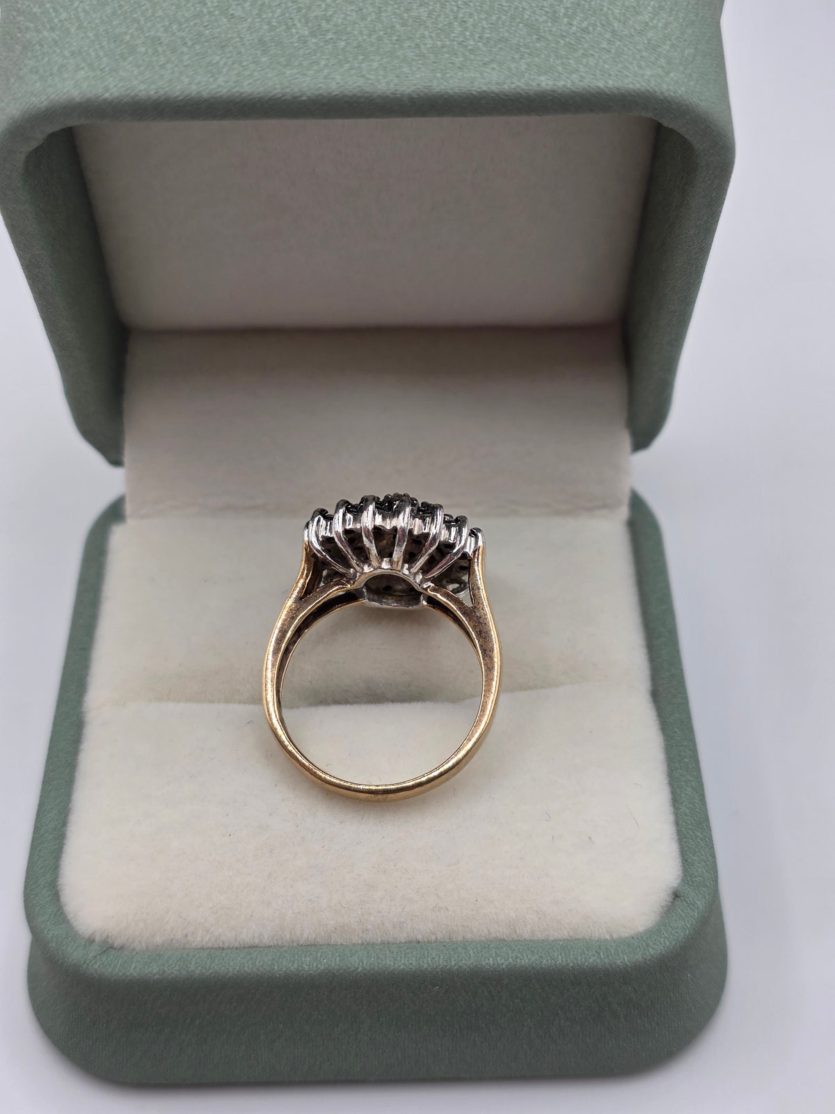 Heavy 9ct gold black diamond cluster ring