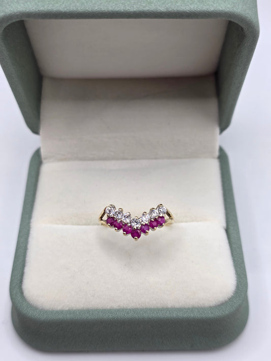 9ct gold ruby and Cz wishbone ring