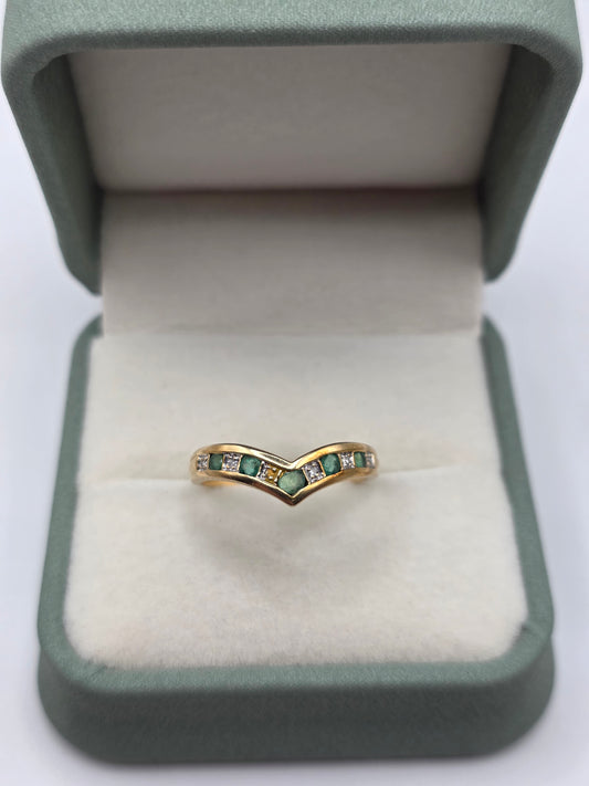 9ct gold emerald and diamond wishbone ring