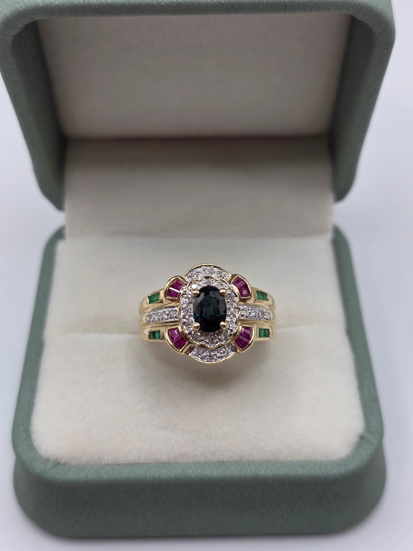9ct gold sapphire, emerald, ruby and diamond ring