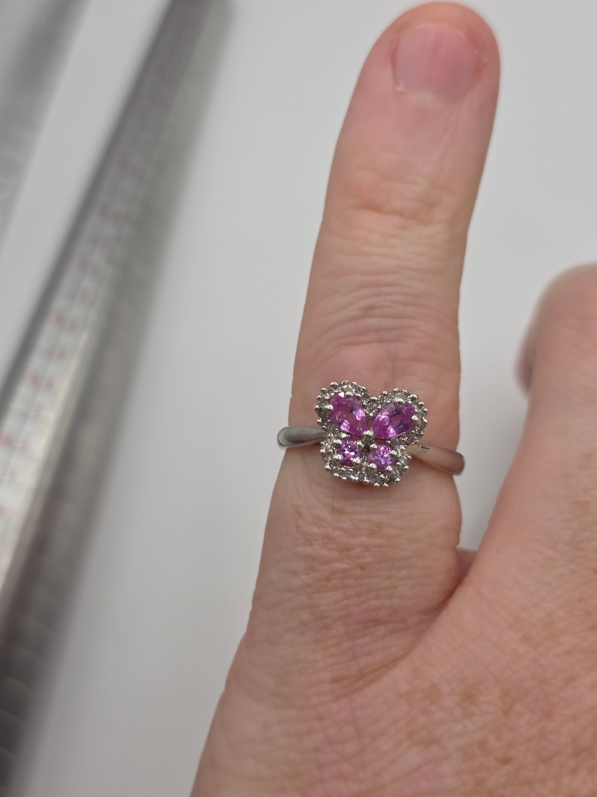9ct white gold pink sapphire and diamond butterfly ring