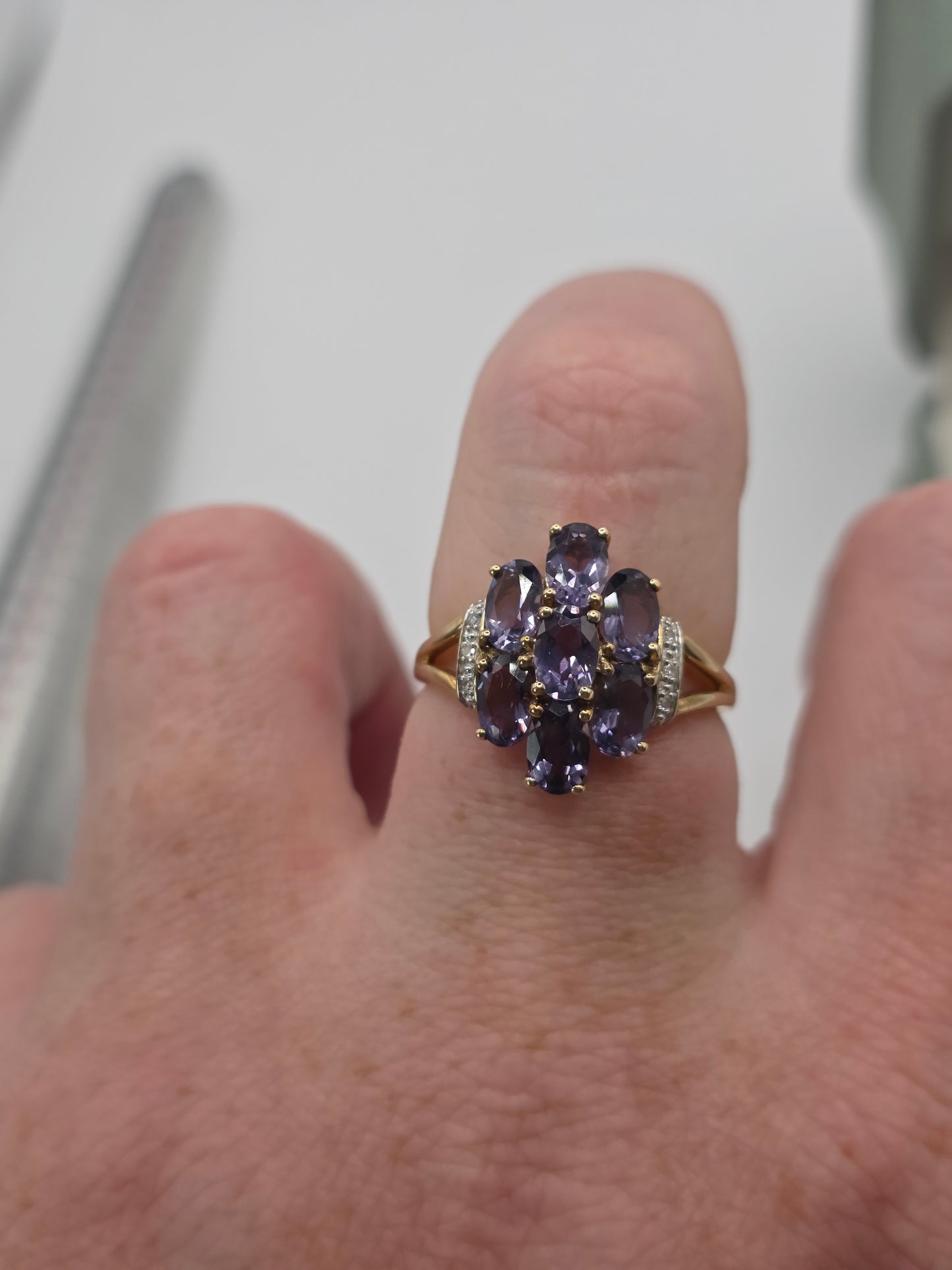 9ct gold iolite and diamond ring