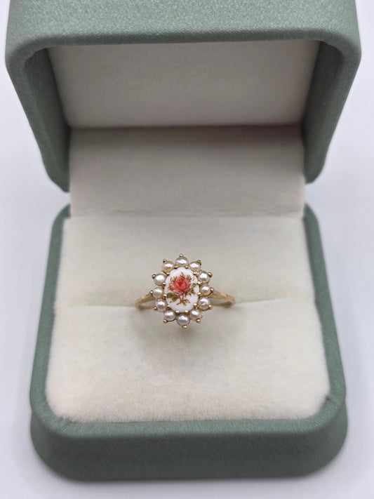 9ct gold limoge and pearl ring