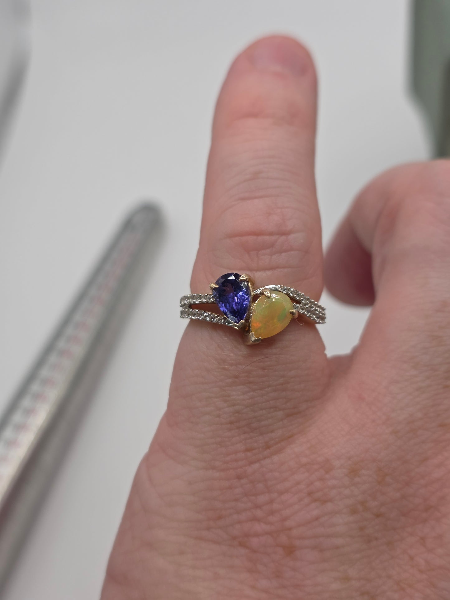 9ct gold opal, iolite and white zircon ring