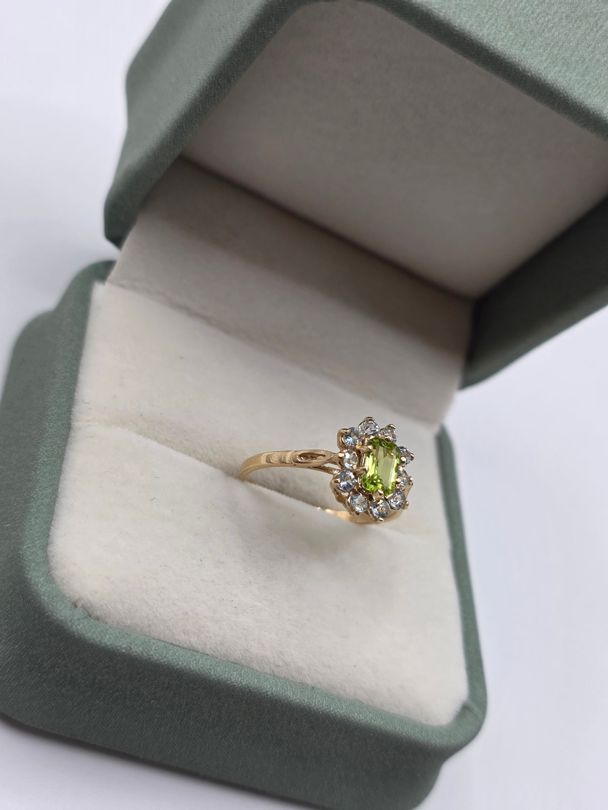 9ct gold peridot and aquamarine cluster ring