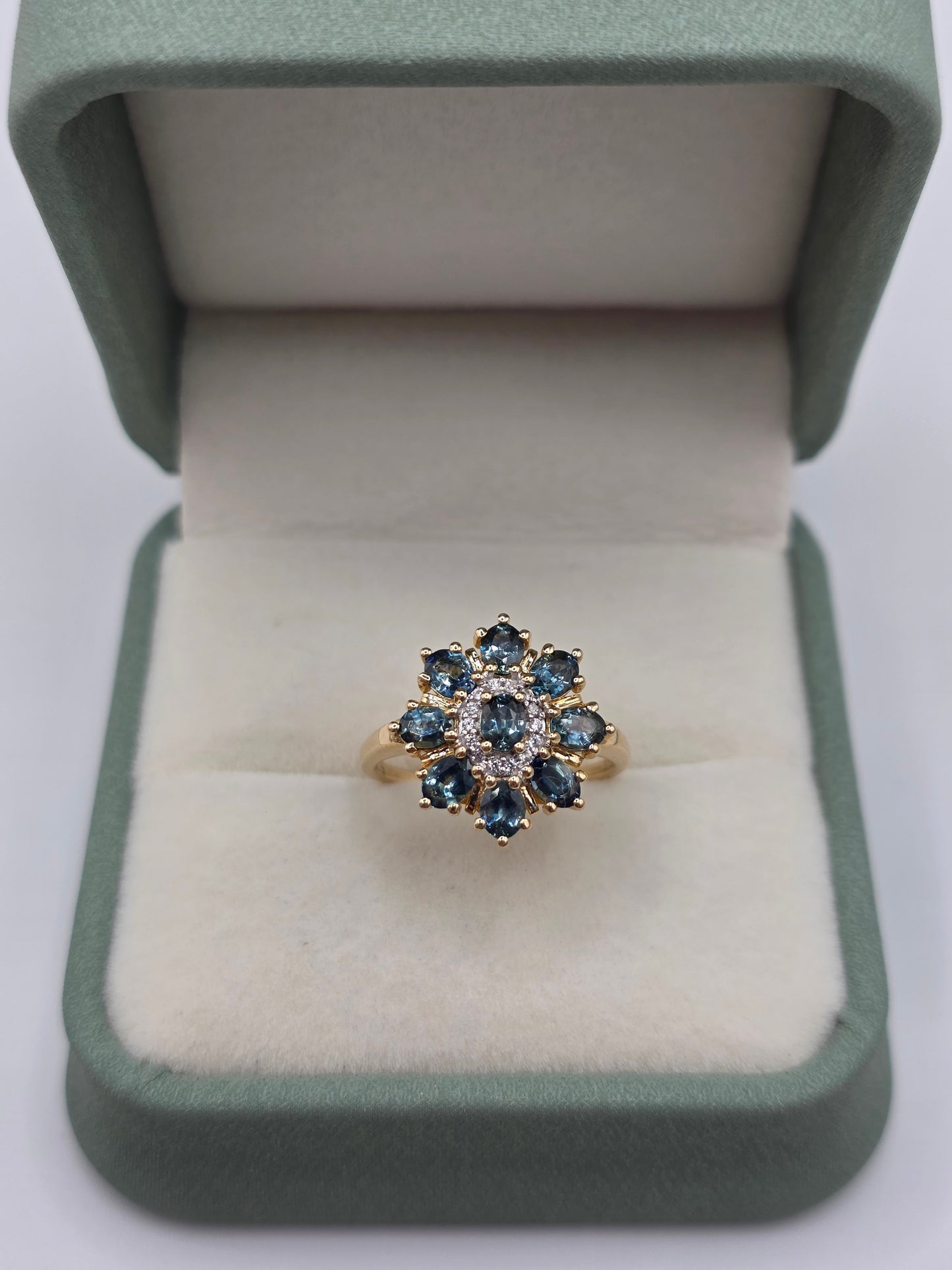 9ct gold sapphire and white topaz ring