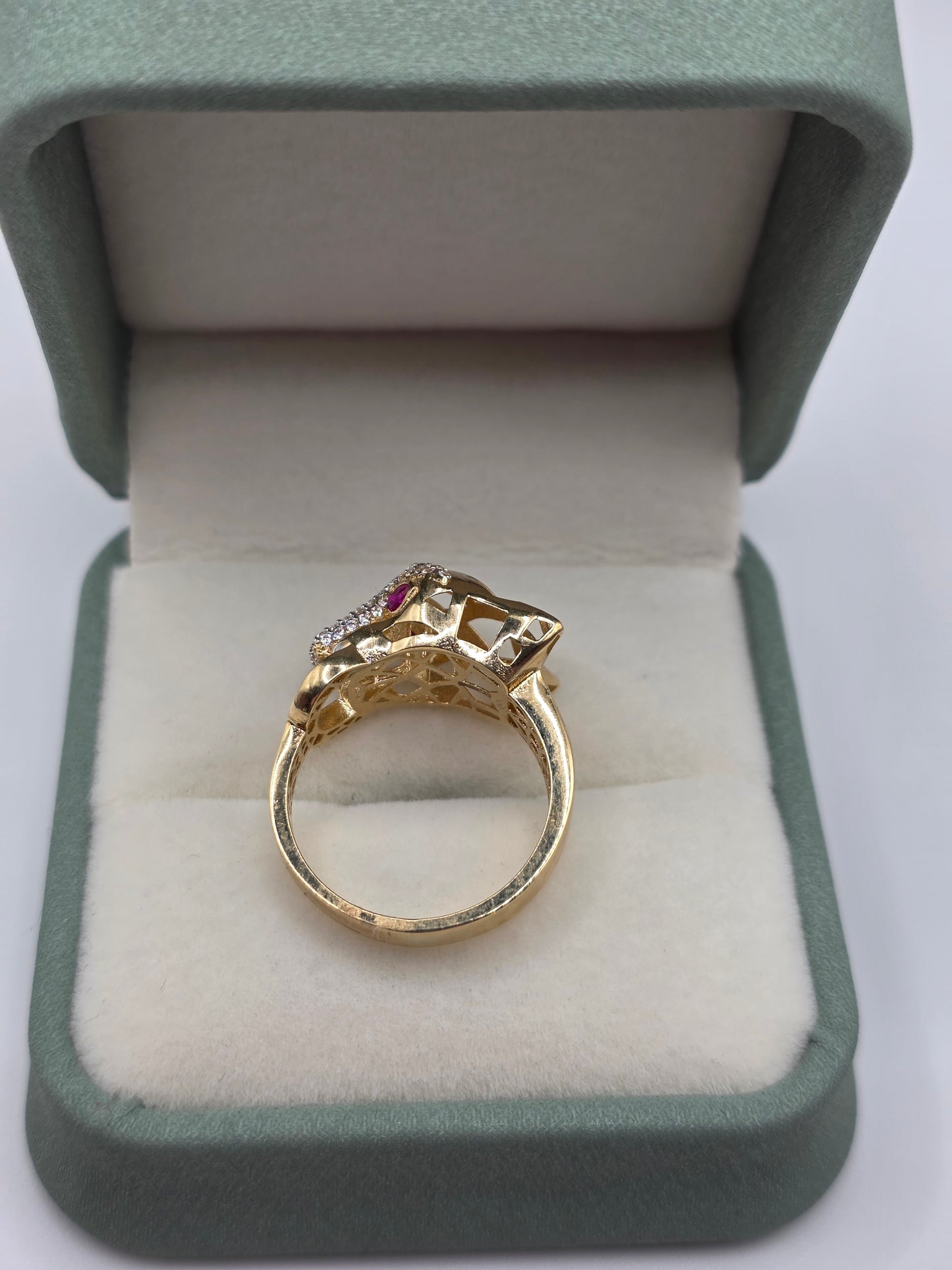 14ct gold ruby and cz panther ring