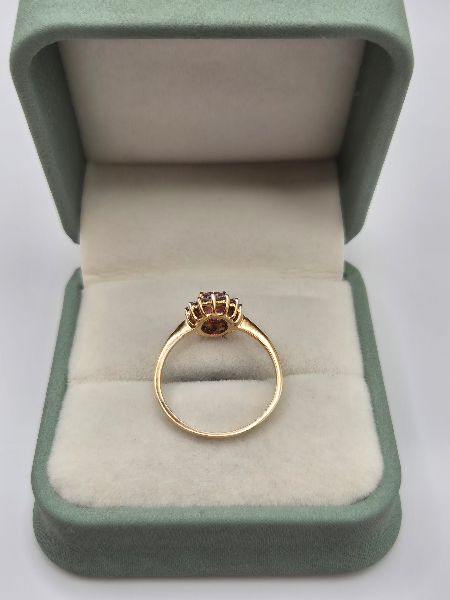 9ct gold rubellite and white zircon ring