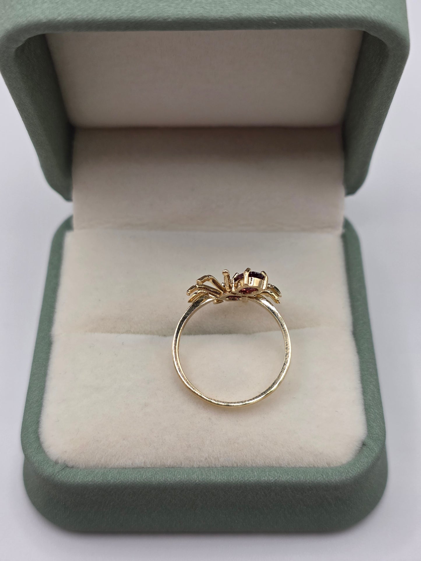 9ct gold garnet, tourmaline and diamond spider ring