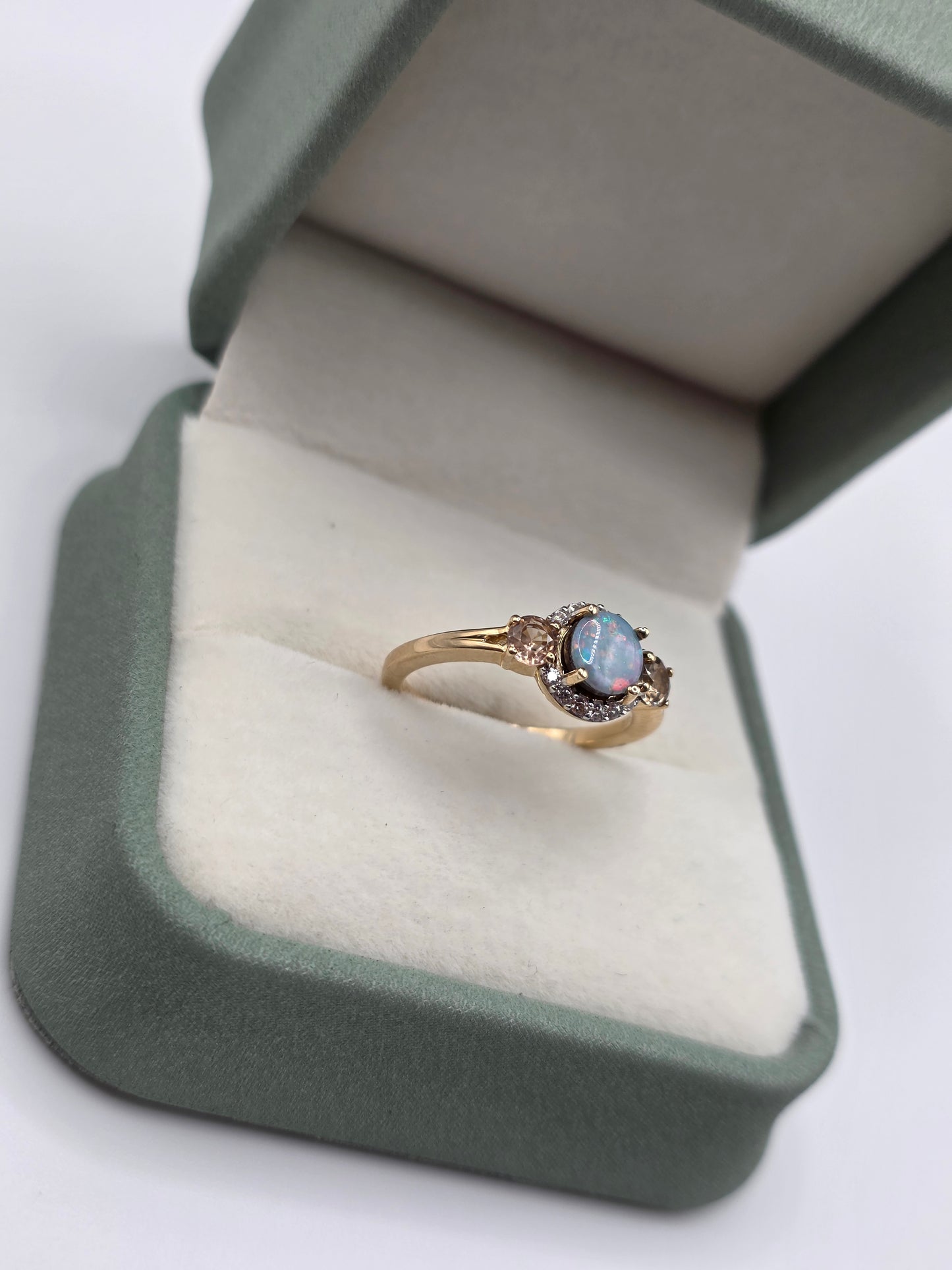 9ct gold opal, zircon and morganite ring