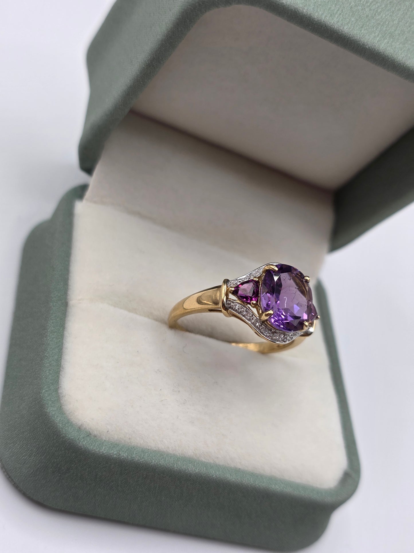 9ct gold amethyst, tourmaline and diamond ring