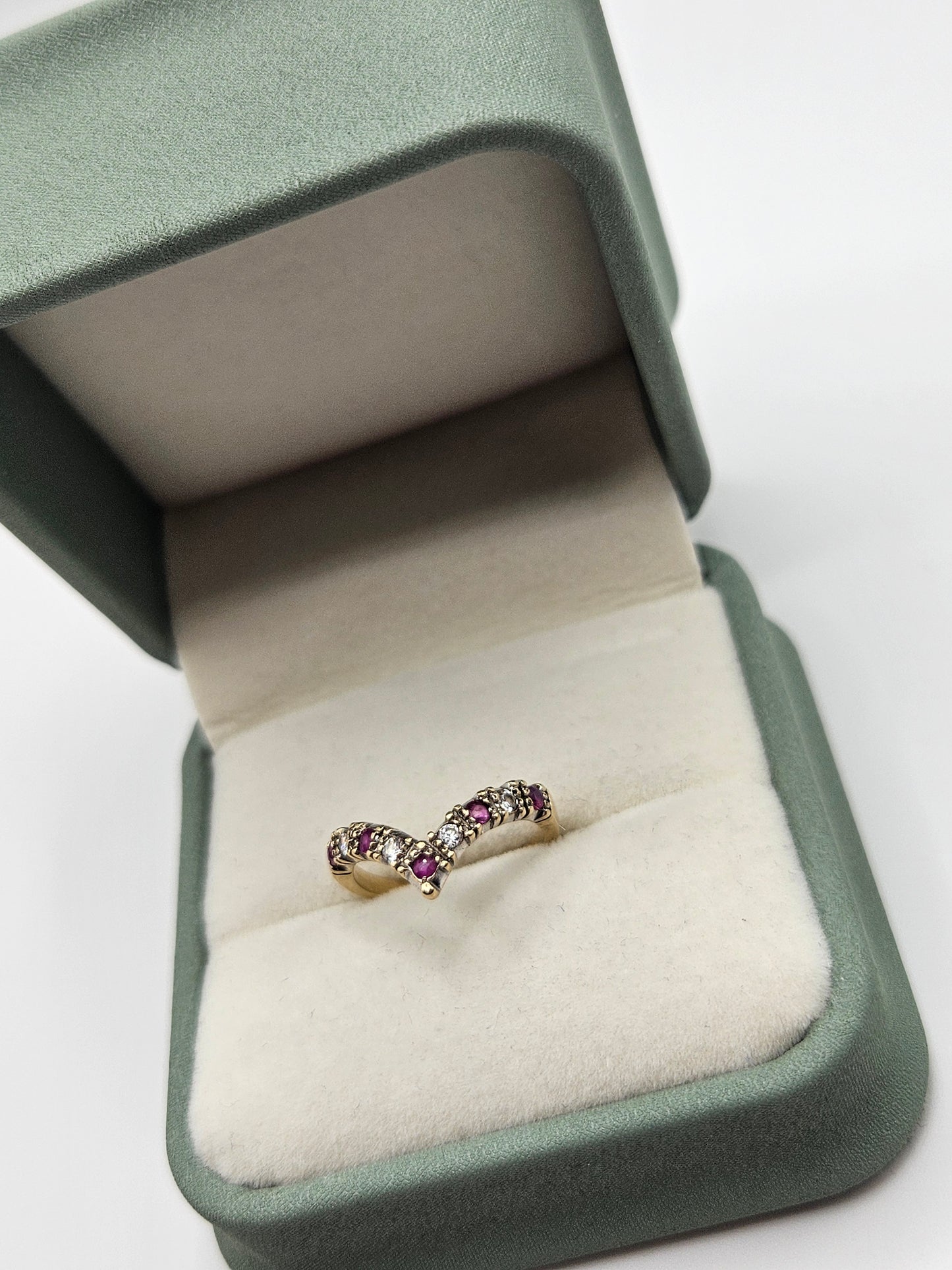 9ct gold ruby and cz wishbone  ring