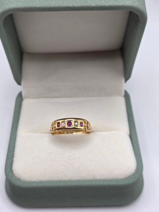 Victorian 1896 18ct gold ruby and diamond gypsy ring