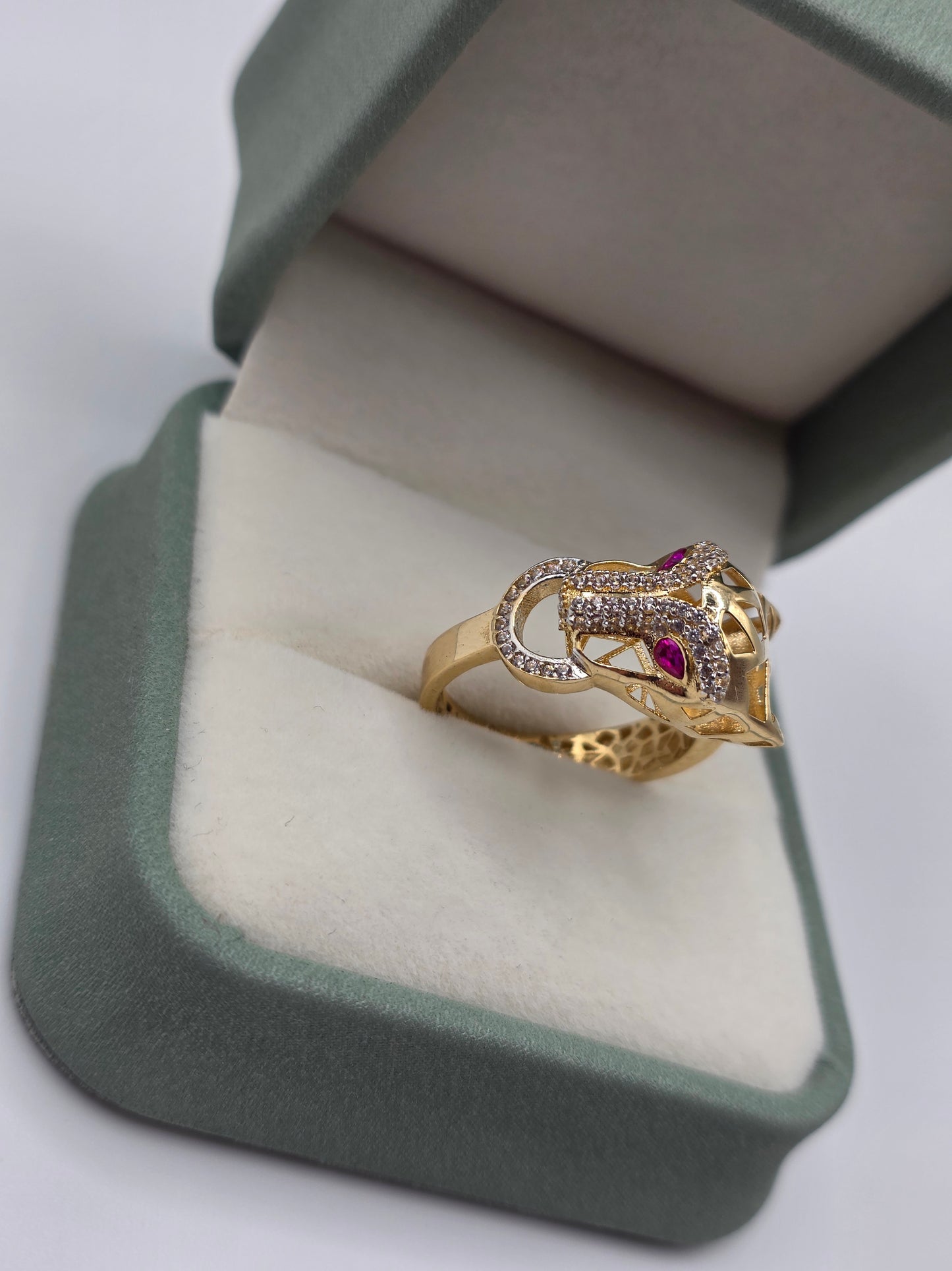 14ct gold ruby and cz panther ring