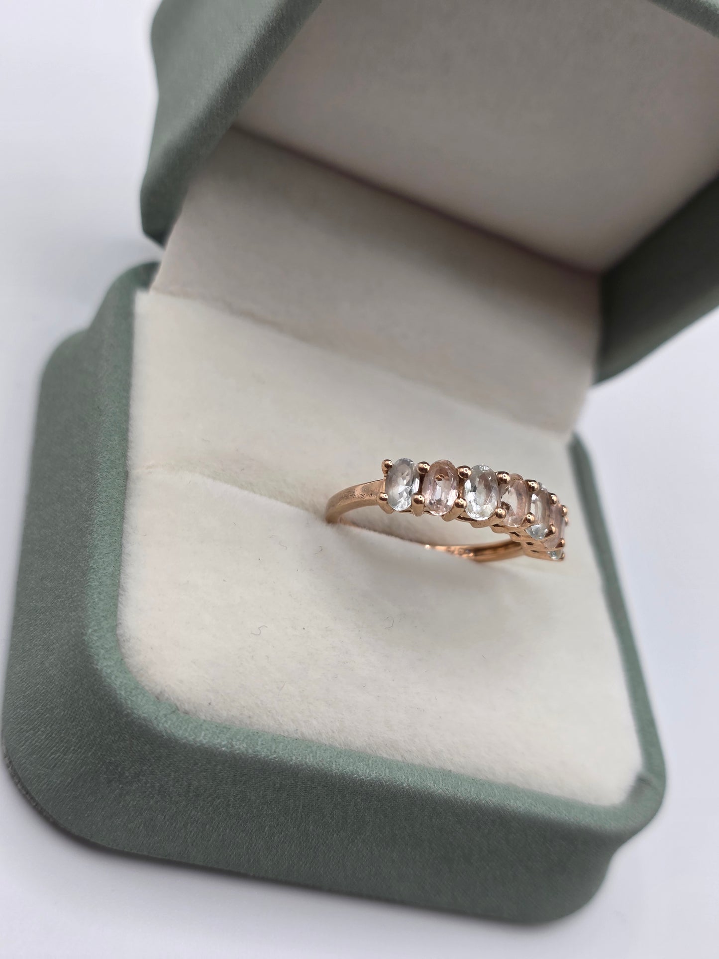 9ct rose gold aquamarine and morganite ring