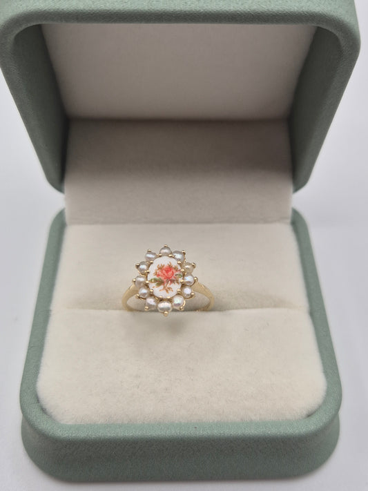9ct gold limoge and pearl ring