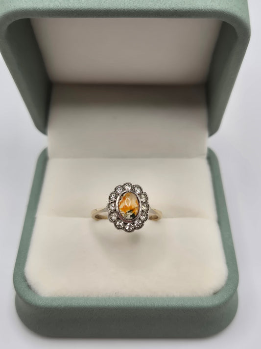 9ct gold and silver moss agate and cz ring