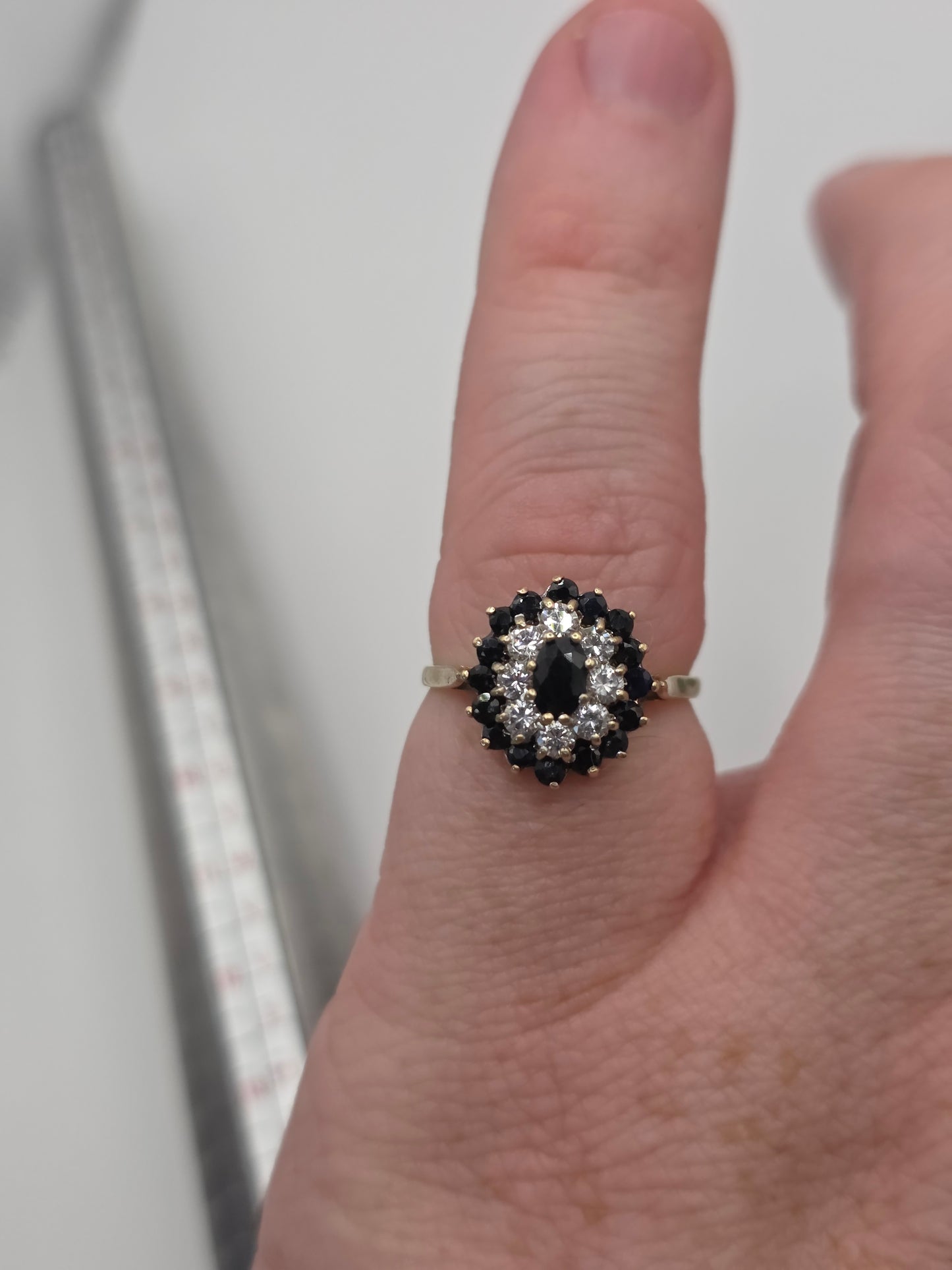 9ct gold sapphire and cz cluster ring