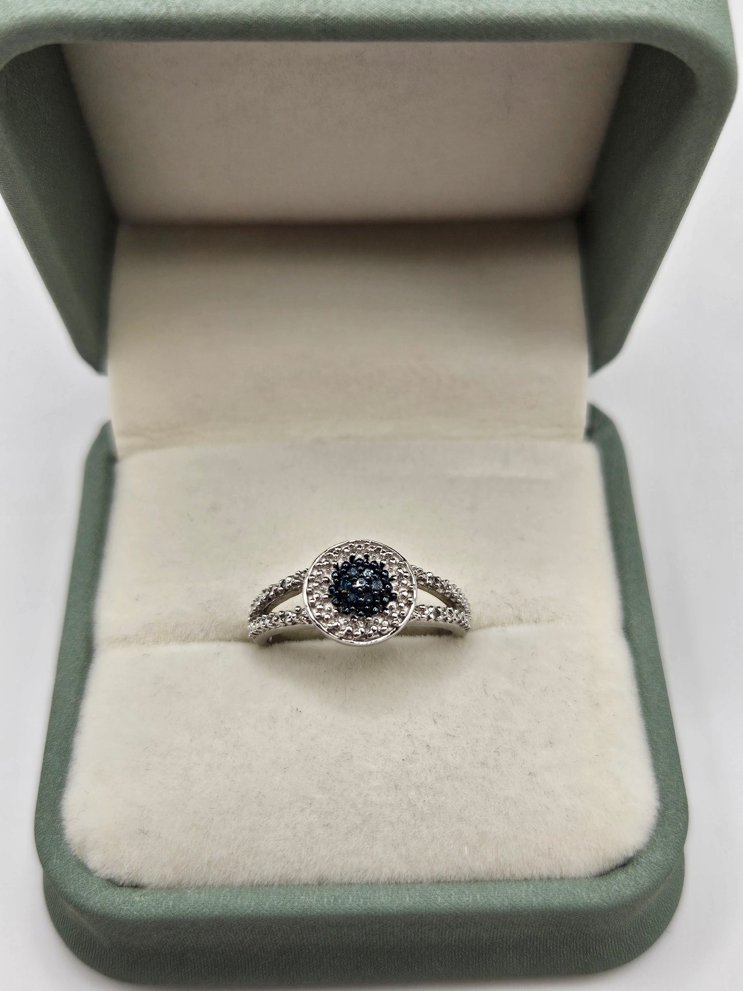 Silver blue and white diamond ring