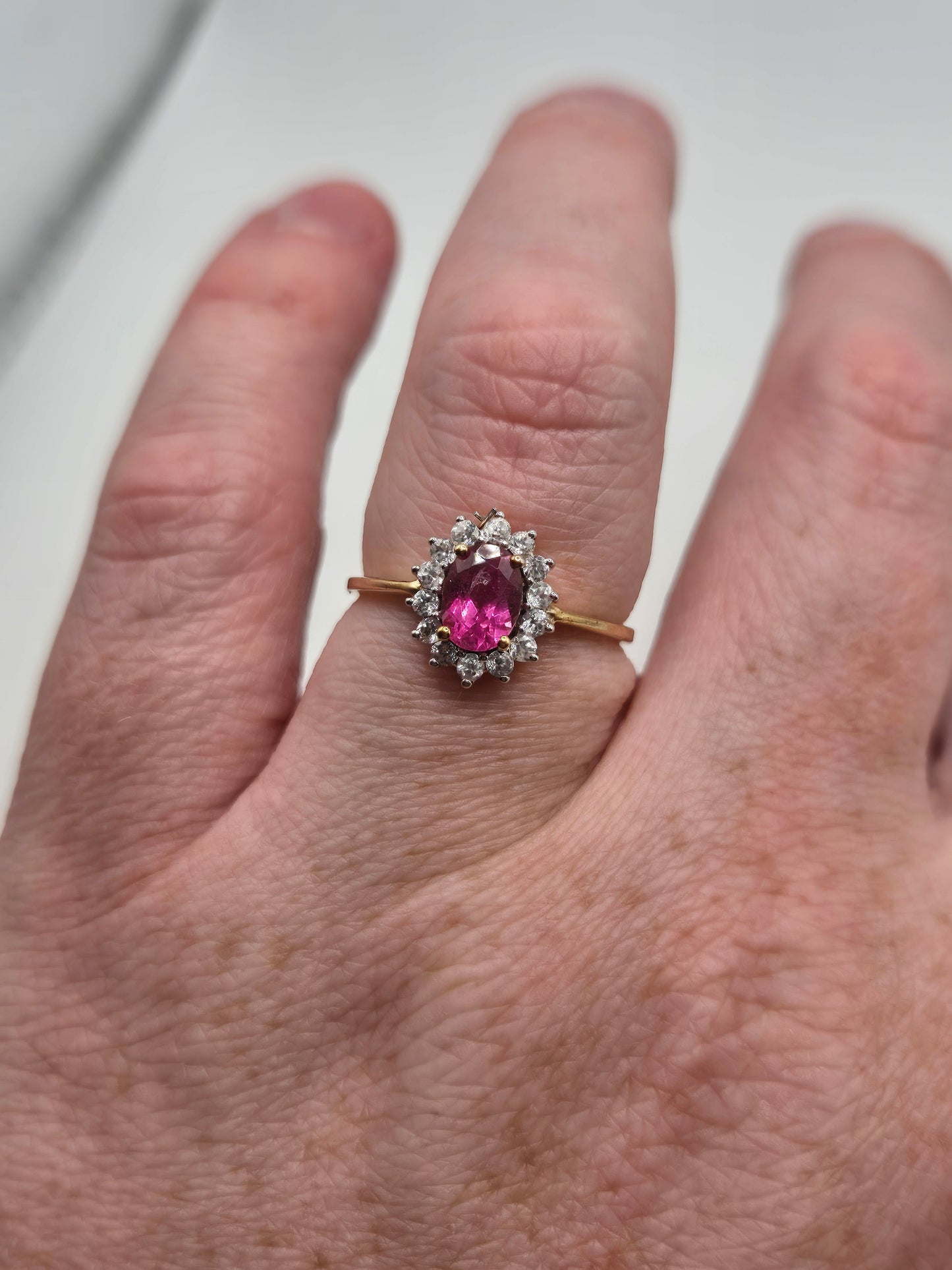 9ct gold rubellite and white zircon ring